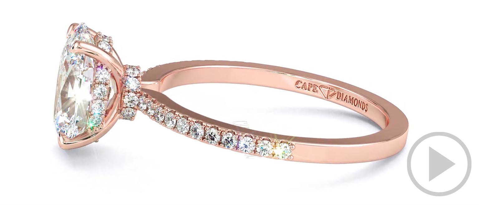 Oval Natural Diamond Chalice Engagement Ring Rose Gold With A Double Natural Diamond Halo And Petit Side Natural Diamonds top video