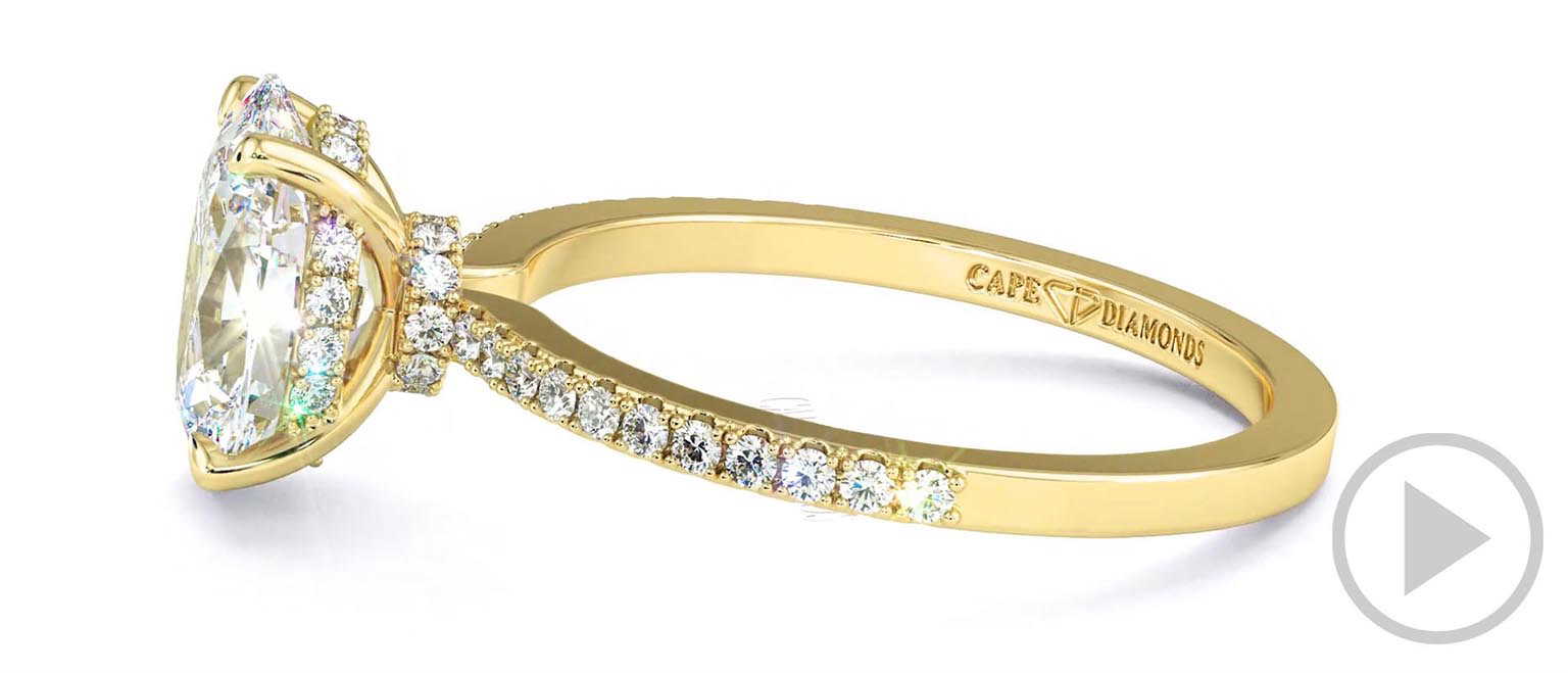 Oval Natural Diamond Chalice Engagement Ring Yellow Gold With A Double Natural Diamond Halo And Petit Side Natural Diamonds top video