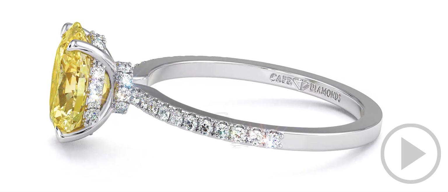 Yellow Lab Grown Diamond Double Hidden Halo Oval Cut Side Stone Engagement Ring White Gold top video