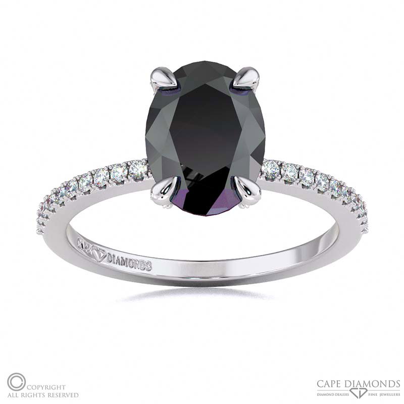 Black Lab Grown Diamond Hidden Halo Claw Set Oval Side Stone Engagement Ring White Gold