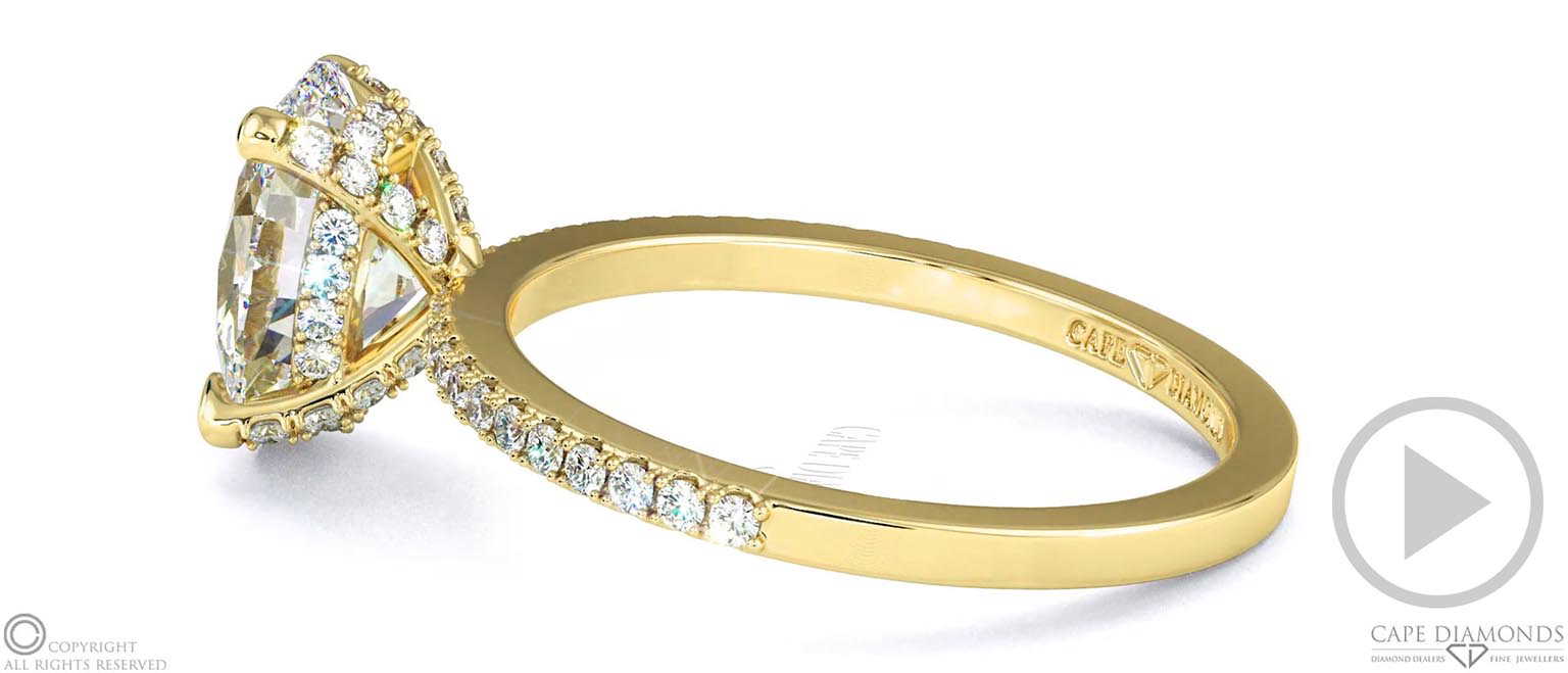 Pavé Natural Diamond Covered Four-Claw Semi-Hidden Halo Oval Natural Diamond Engagement Ring Yellow Gold top video