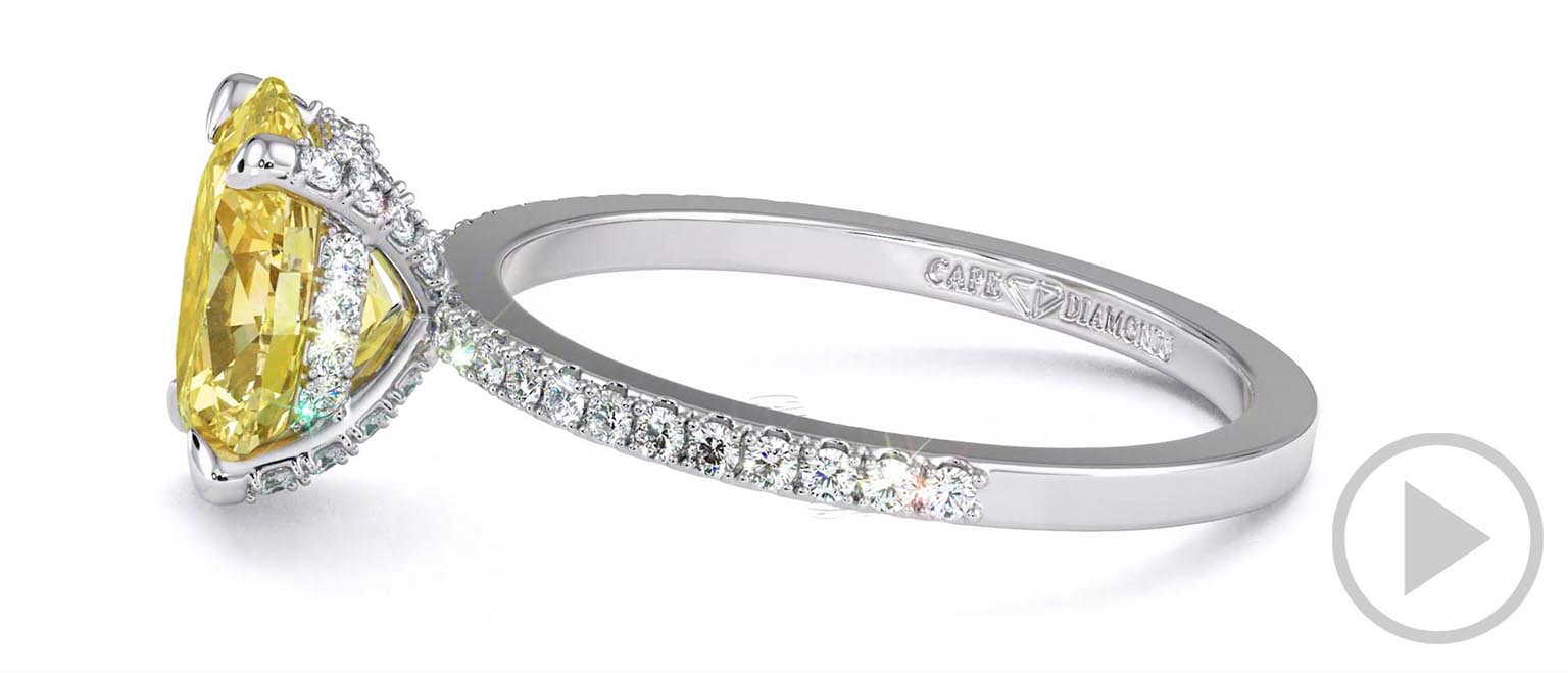 Yellow Natural Diamond Hidden Halo Claw Set Oval Side Stone Engagement Ring White Gold top video