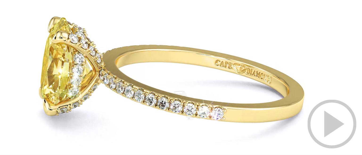 Yellow Lab Grown Diamond Hidden Halo Oval Cut Claw Set Side Stone Engagement Ring Yellow Gold top video