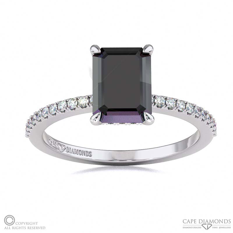 Black Lab Grown Diamond Hidden Halo Emerald Cut Side Stone Engagement Ring White Gold
