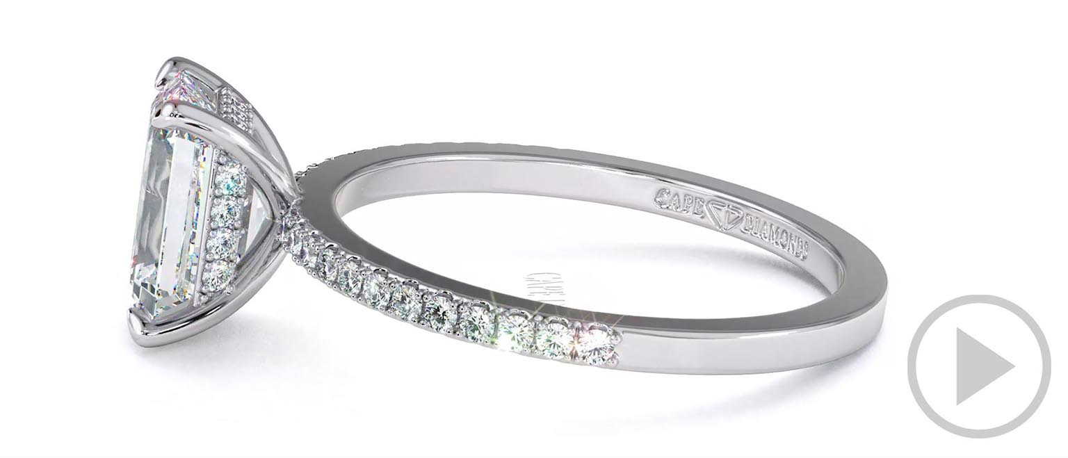 Emerald Natural Diamond Four-Claw Hidden Halo Engagement Ring White Gold With Pavé Side Natural Diamonds top video
