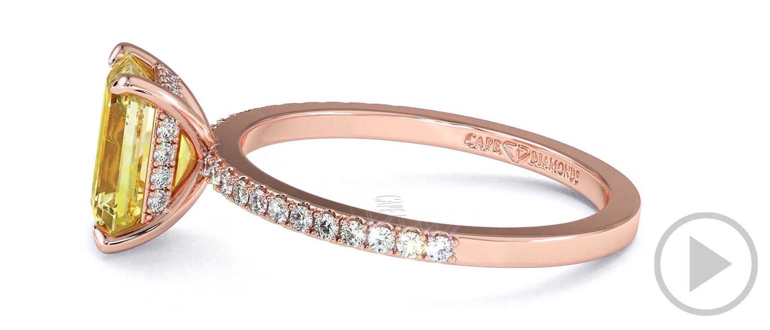 Yellow Lab Grown Diamond Hidden Halo Emerald Cut Side Stone Engagement Ring Rose Gold top video