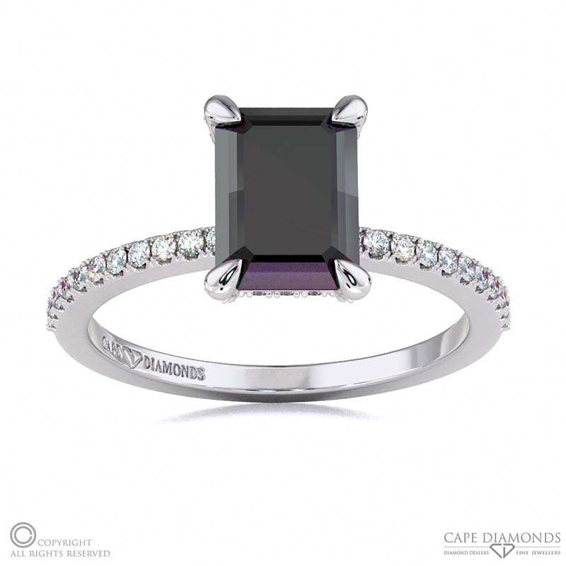 Black Lab Grown Diamond Hidden Halo Claw Set Emerald Cut Side Stone Engagement Ring White Gold