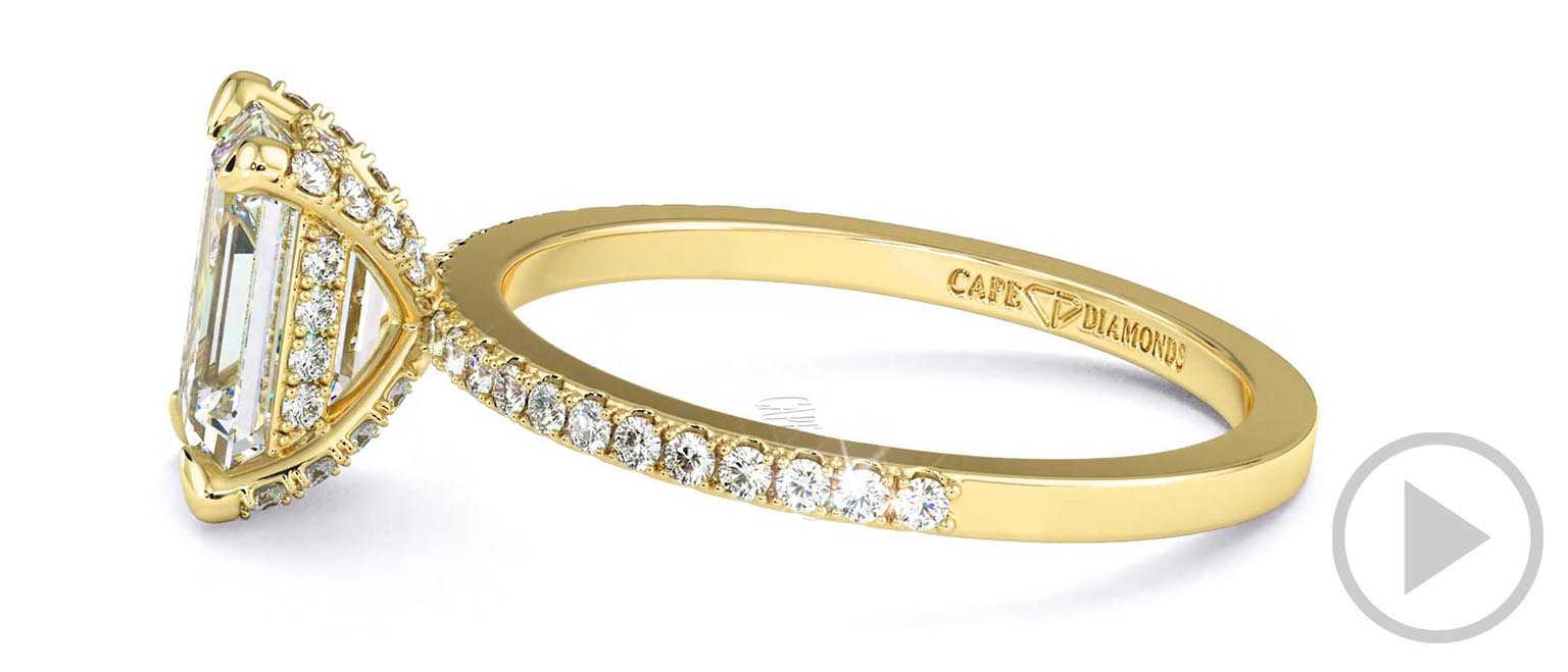 Four Claw Hidden Halo Brilliant Emerald Lab Grown Diamond Engagement Ring Yellow Gold With Petit Pavé Diamonds top video