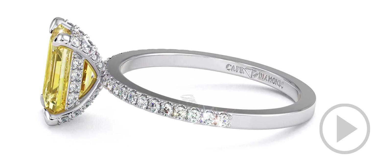 Yellow Lab Grown Diamond Hidden Halo Emerald Cut Claw Set Side Stone Engagement Ring White Gold top video