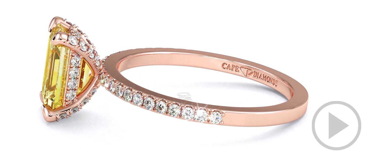 Yellow Lab Grown Diamond Hidden Halo Claw Set Emerald Side Stone Engagement Ring Rose Gold top video