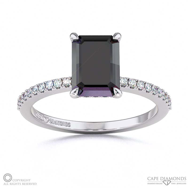 Black Lab Grown Diamond Emerald Double Hidden Halo Side Stone Engagement Ring White Gold