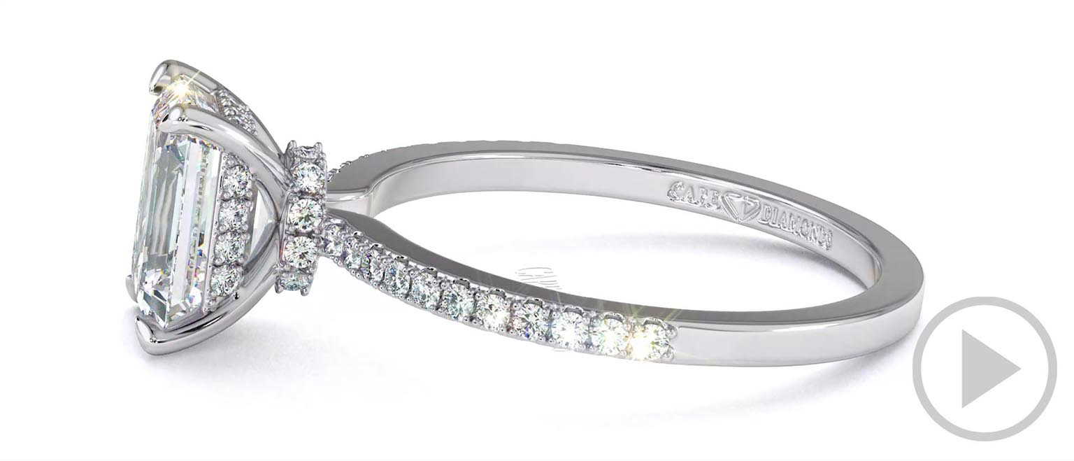 Double Hidden Halo 4-Claw Emerald Lab Grown Diamond Engagement Ring Platinum With Pavé Side Diamonds top video