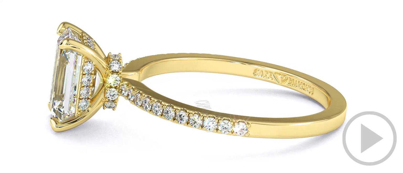 Emerald Lab Grown Diamond Chalice Engagement Ring Yellow Gold With A Double Diamond Halo And Petit Side Diamonds top video