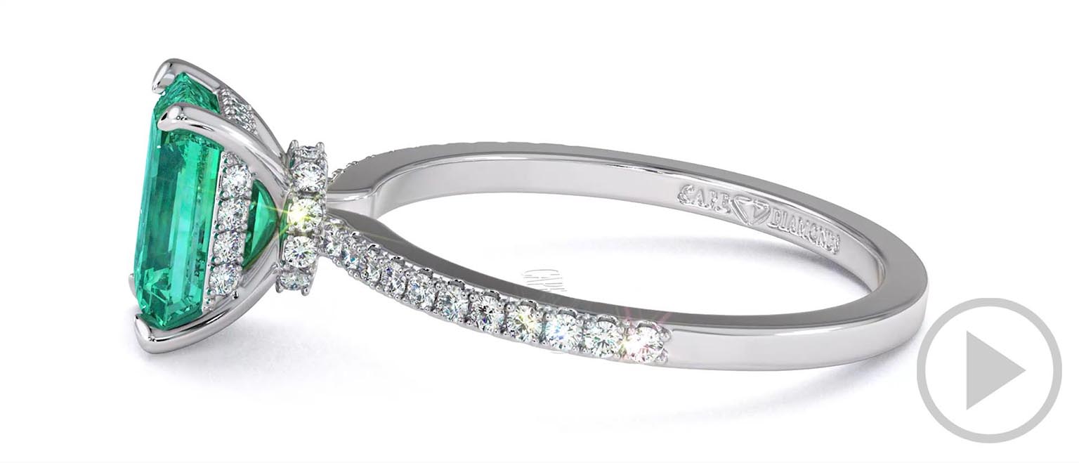 Emerald Double Hidden Halo Emerald Cut Side Stone Engagement Ring White Gold top video