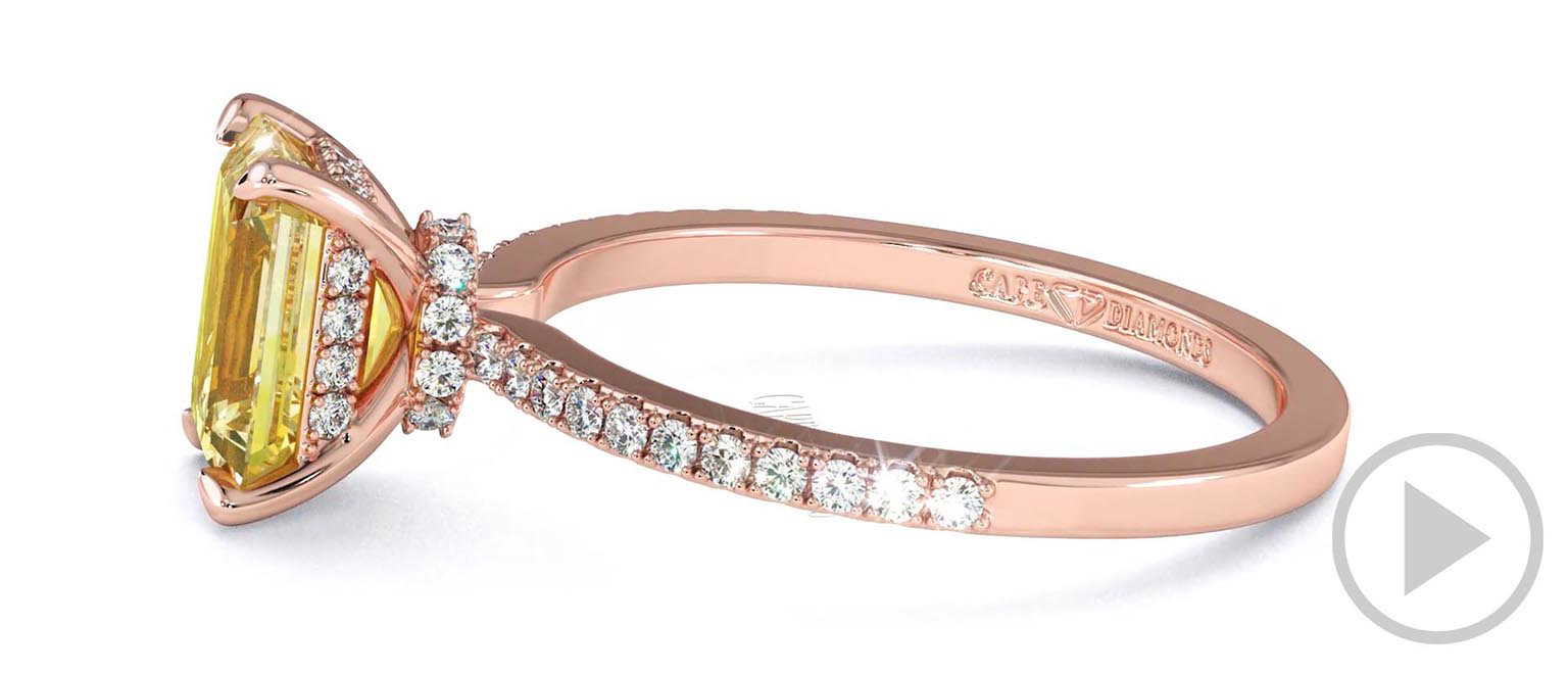 Yellow Lab Grown Diamond Double Hidden Halo Emerald Cut Side Stone Engagement Ring Rose Gold top video