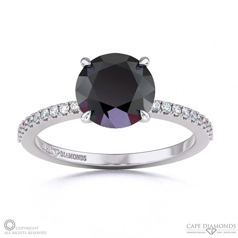 Black Lab Grown Diamond Hidden Halo Round Side Stone Engagement Ring White Gold