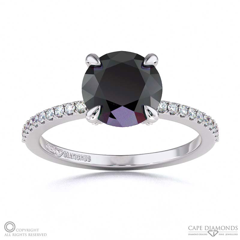Black Lab Grown Diamond Hidden Halo Round Cut Claw Set Side Stone Engagement Ring White Gold