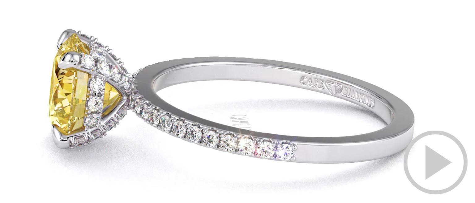 Yellow Natural Diamond Hidden Halo Round Cut Claw Set Side Stone Engagement Ring White Gold top video