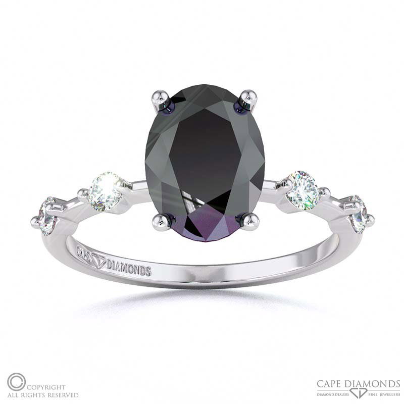 Black Lab Grown Diamond Bubble Drop Hidden Halo Oval Cut Engagement Ring White Gold