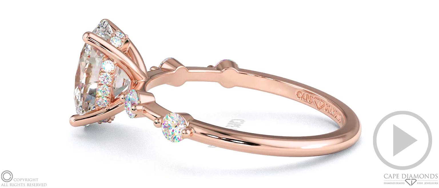 Four Prong Oval Lab Grown Diamond Halo Engagement Ring Rose Gold With Side Diamond Drops top video