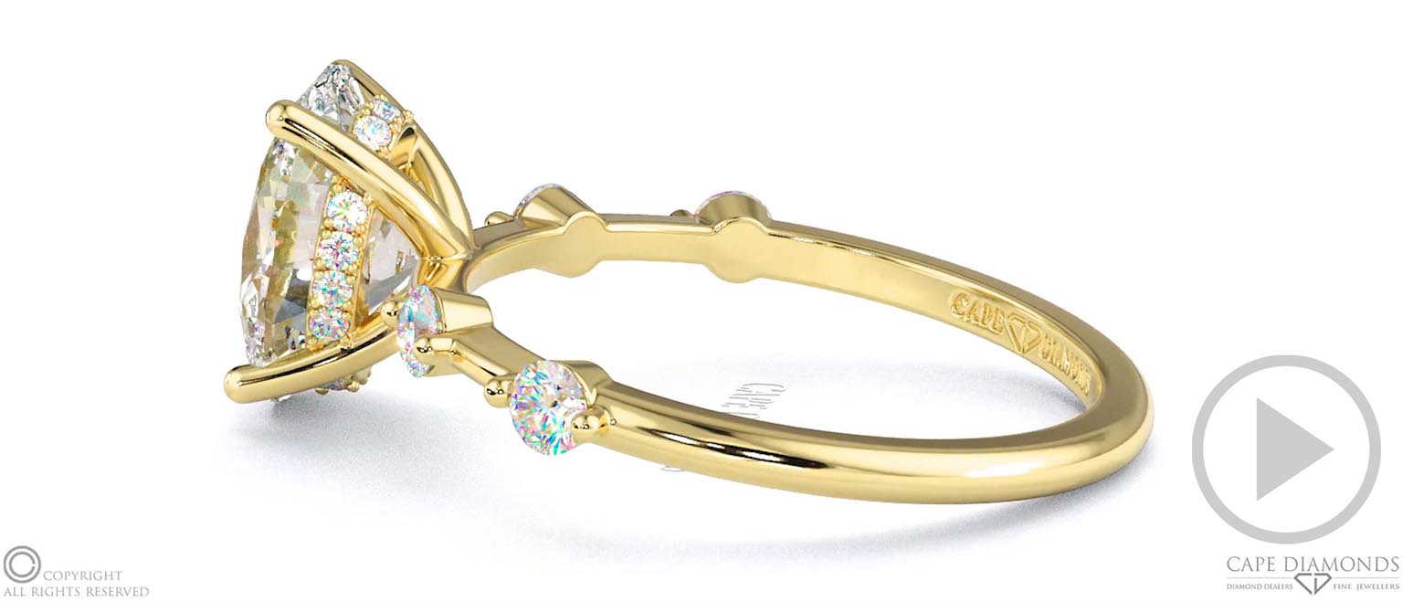 Four Prong Oval Lab Grown Diamond Halo Engagement Ring Yellow Gold With Side Diamond Drops top video