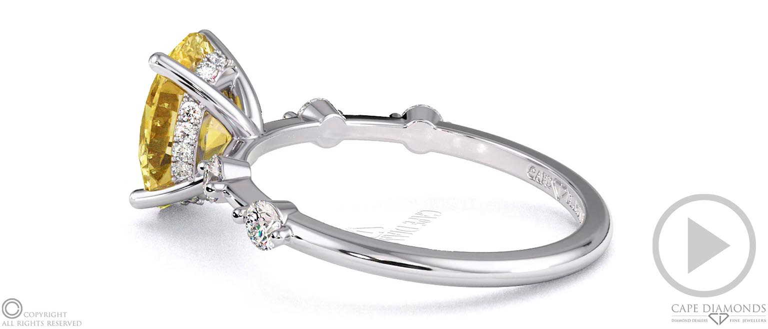 Yellow Natural Diamond Bubble Drop Side Stone Hidden Halo Oval Cut Engagement Ring White Gold top video