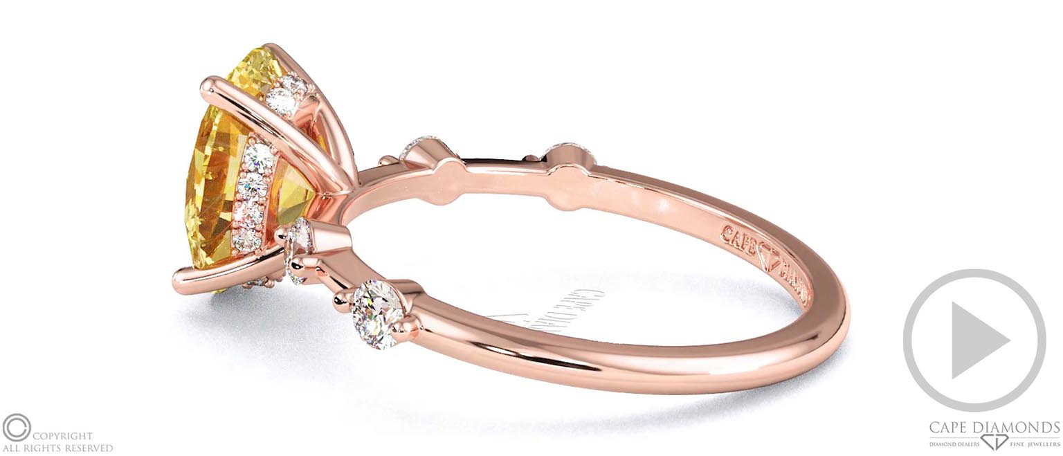 Yellow Lab Grown Diamond Bubble Drop Side Stone Hidden Halo Oval Cut Engagement Ring Rose Gold top video