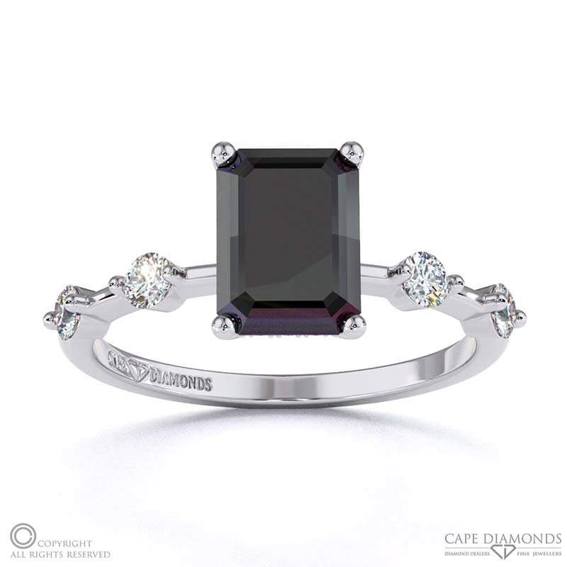 Black Lab Grown Diamond Bubble Drop Side Stone Hidden Halo Emerald Cut Engagement Ring White Gold