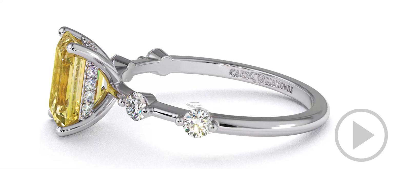 Yellow Lab Grown Diamond Bubble Drop Side Stone Hidden Halo Emerald Cut Engagement Ring White Gold top video