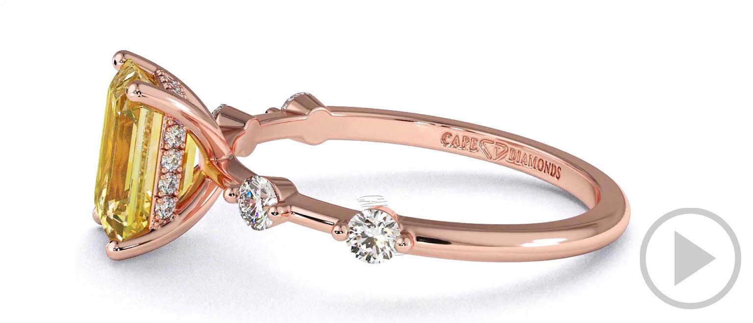 Yellow Lab Grown Diamond Bubble Drop Hidden Halo Emerald Cut Engagement Ring Rose Gold top video