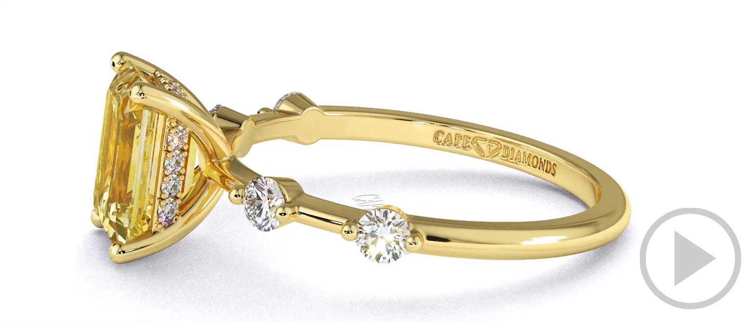 Yellow Lab Grown Diamond Bubble Drop Side Stone Hidden Halo Emerald Cut Engagement Ring Yellow Gold top video