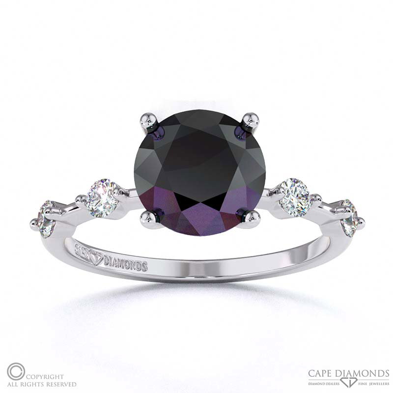 Black Lab Grown Diamond Bubble Drop Side Stone Hidden Halo Round Cut Engagement Ring White Gold