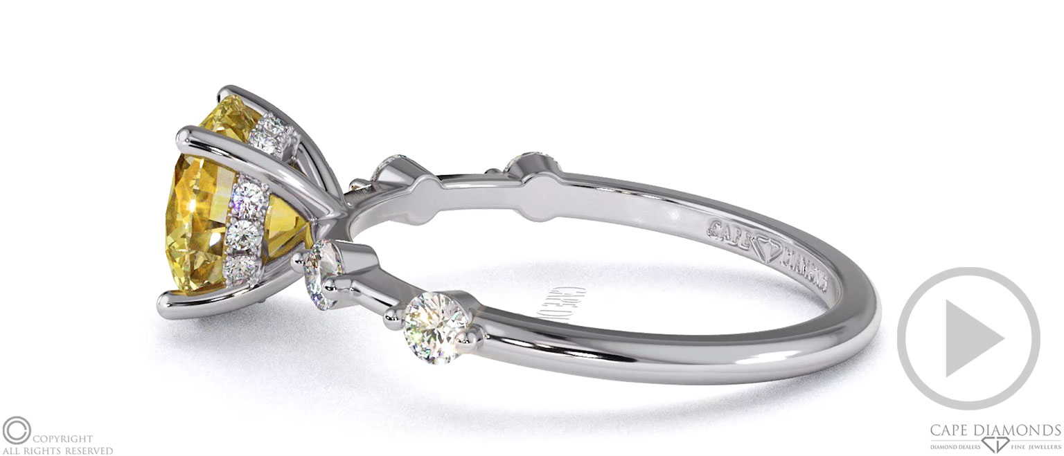Yellow Natural Diamond Bubble Drop Side Stone Hidden Halo Round Cut Engagement Ring White Gold top video