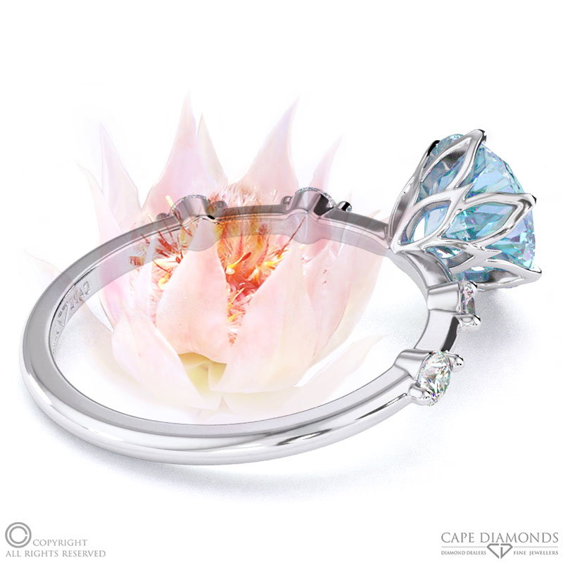 Blushing Bride Paraiba Or Blue Tourmaline Bubble Drop Side Stone Round Cut Engagement Ring White Gold