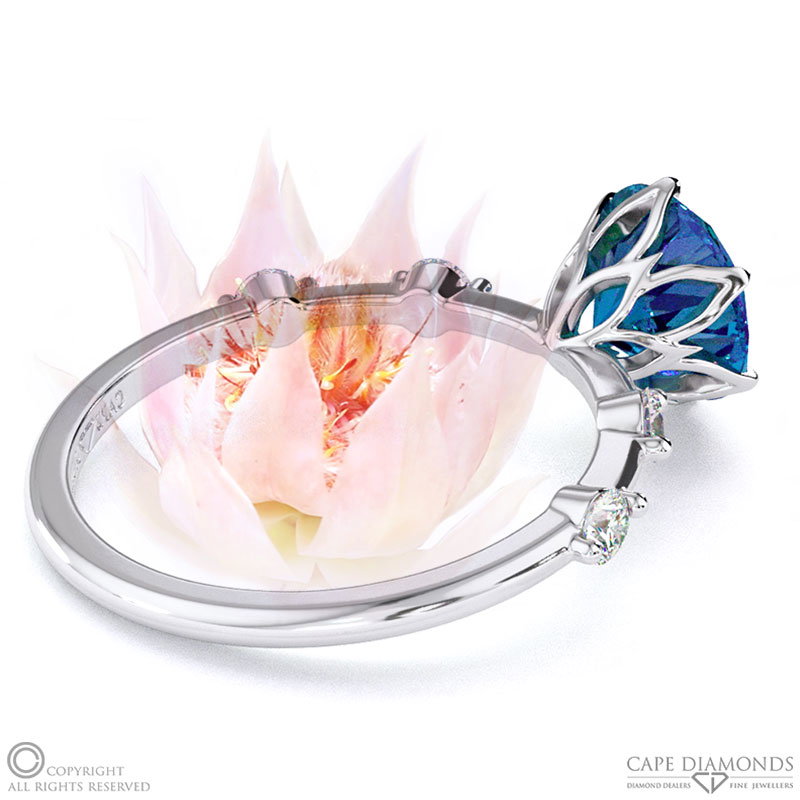 Blushing Bride Sapphire Bubble Drop Side Stone Round Cut Engagement Ring White Gold