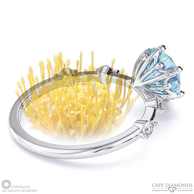 Pin Cushion Aquamarine Bubble Drop Side Stone Round Cut Engagement Ring White Gold