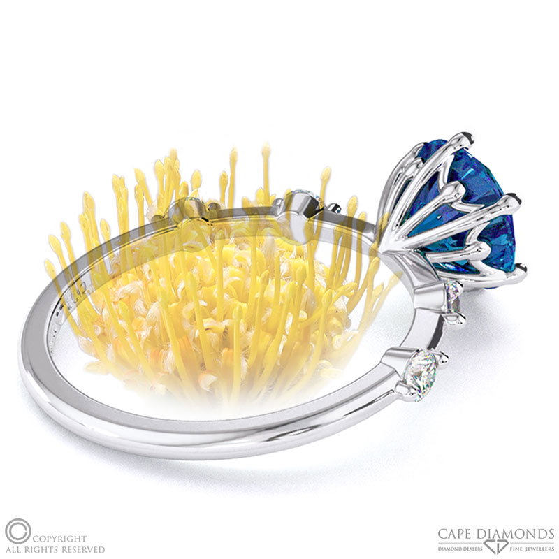 Pin Cushion Sapphire Bubble Drop Side Stone Round Cut Engagement Ring White Gold