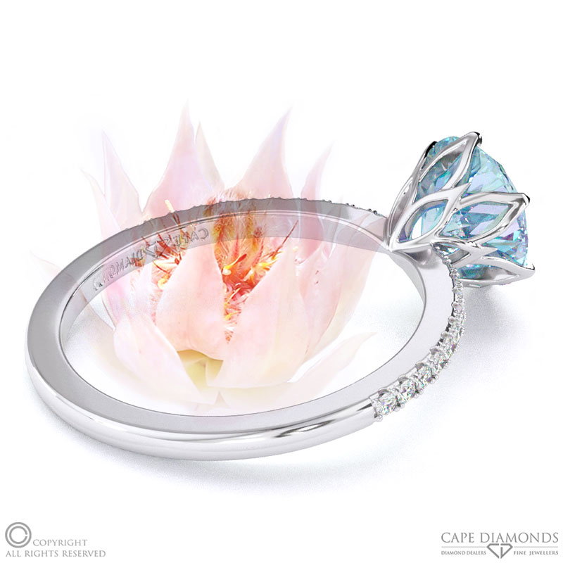 Blushing Bride Fynbos Flower Aquamarine Round Cut Engagement Ring White Gold