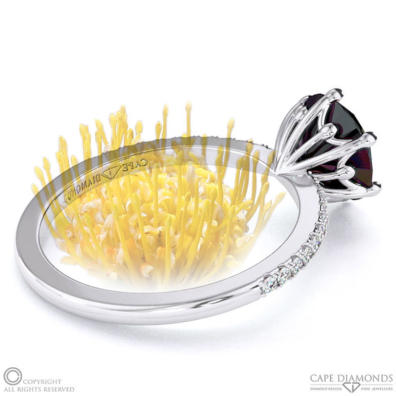 Pin Cushion Fynbos Flower Black Lab Grown Diamond Round Cut Engagement Ring White Gold