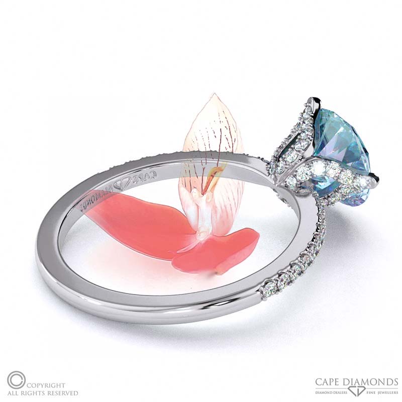 Disa Orchid Aquamarine Low-Set Pavé Side Diamonds Engagement Ring White Gold