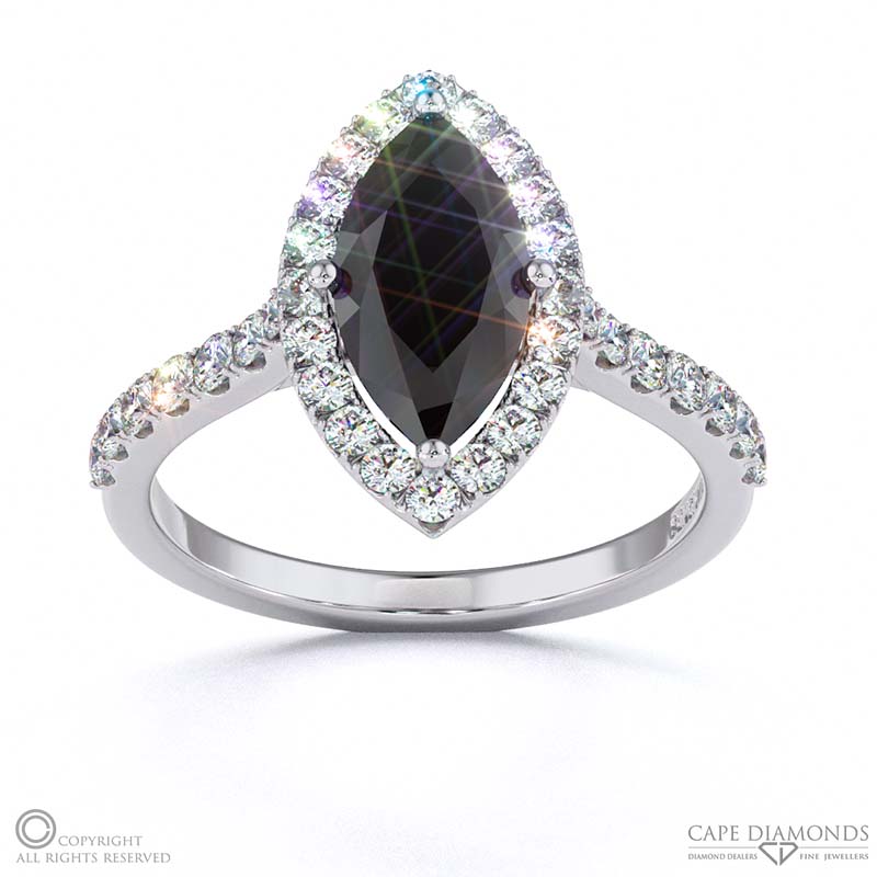 Black Lab Grown Diamond Halo Marquise Shaped Side Stone Engaement Ring White Gold