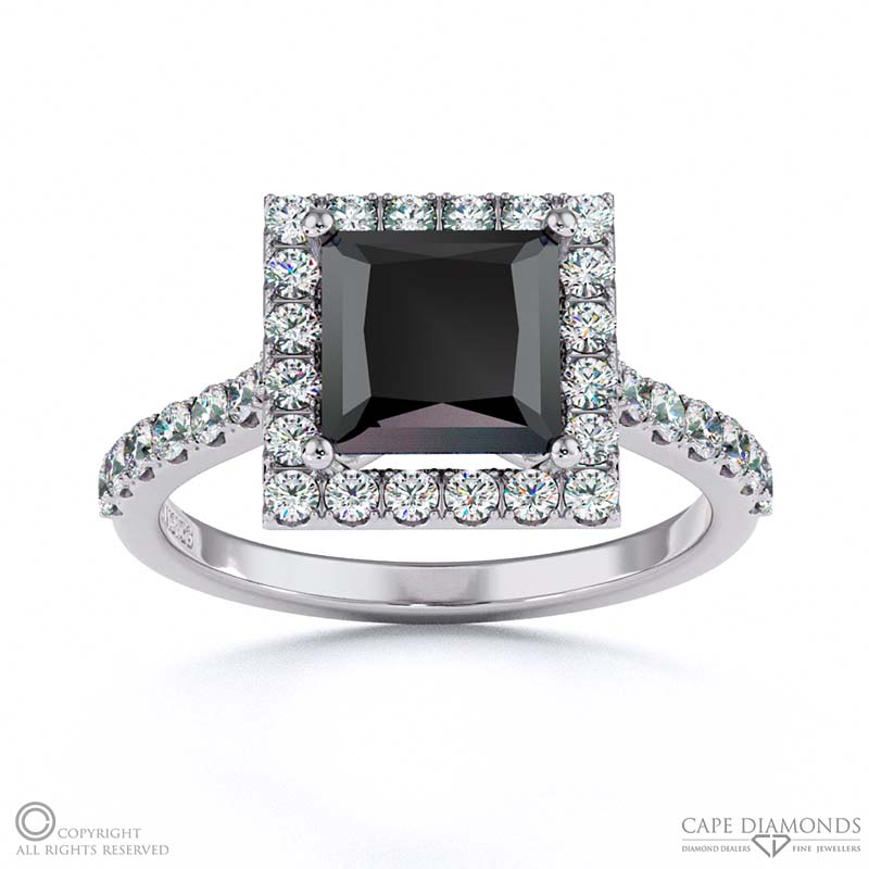 Black Lab Grown Diamond Halo Princess Shaped Side Stone Engaement Ring White Gold