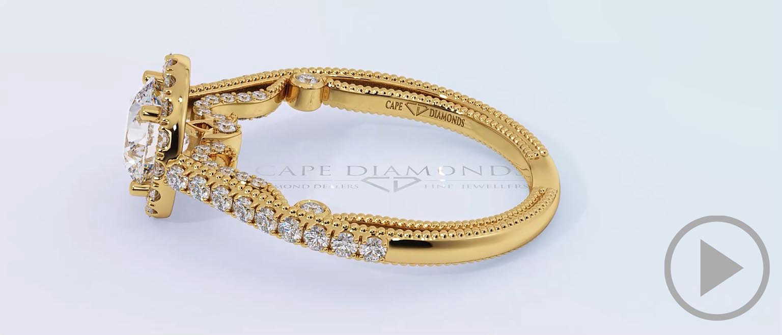 A Curl, Ornate Halo Natural Diamond Engagement Ring Yellow Gold top video