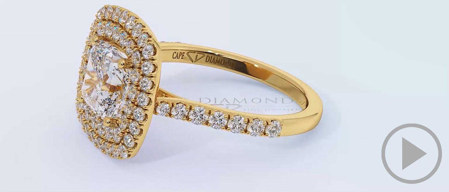 Cushion Cut Natural Diamond Double Halo Engagement Ring Yellow Gold top video