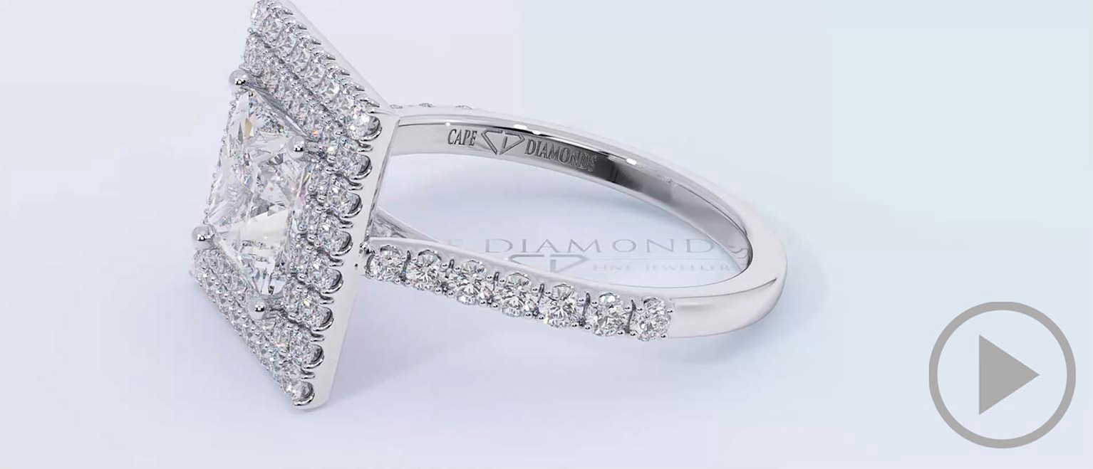 Princess Cut Natural Diamond Double Halo Engagement Ring White Gold top video
