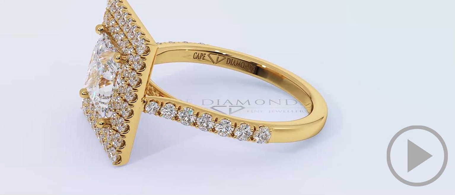 Princess Cut Natural Diamond Double Halo Engagement Ring Yellow Gold top video