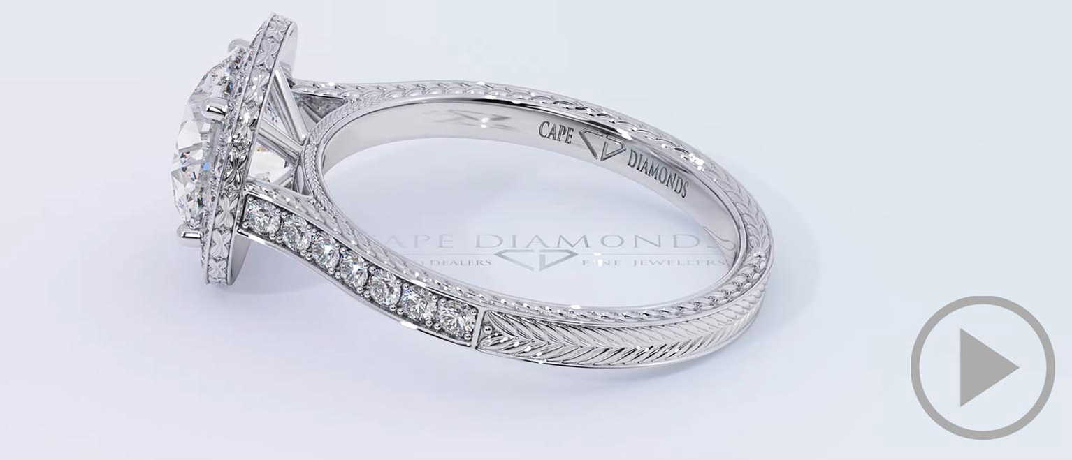 Engraved Halo Round Natural Diamond Engagement Ring White Gold top video