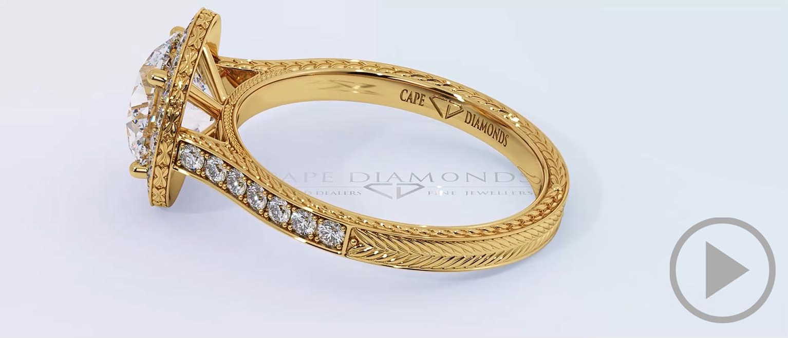 Engraved Halo Round Natural Diamond Engagement Ring Yellow Gold top video