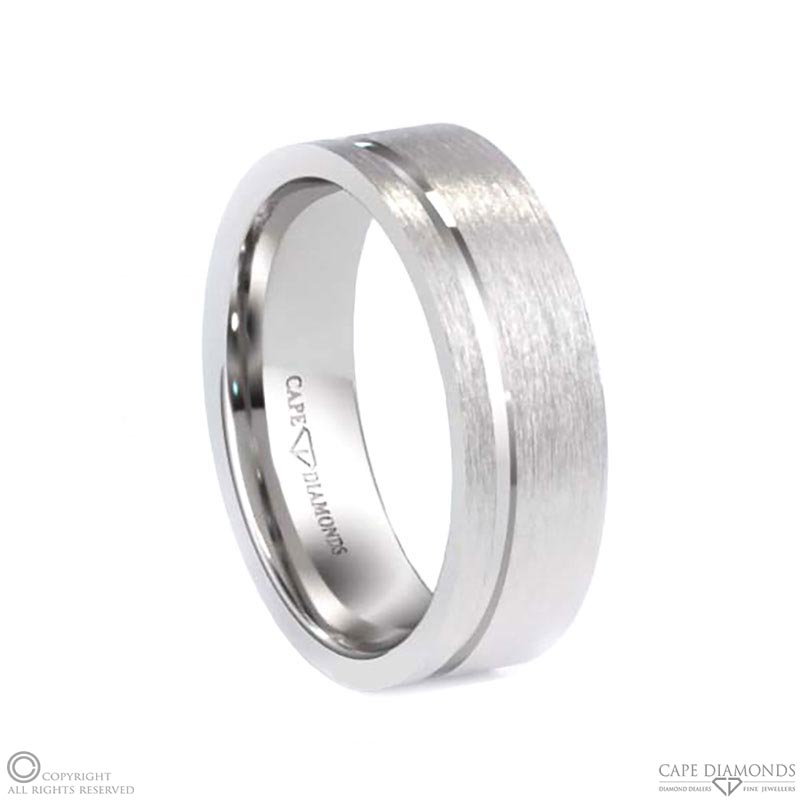 White Gold Side-Grooved Flat Brushed Comfort-Fit 7mm Men’s Wedding Bands