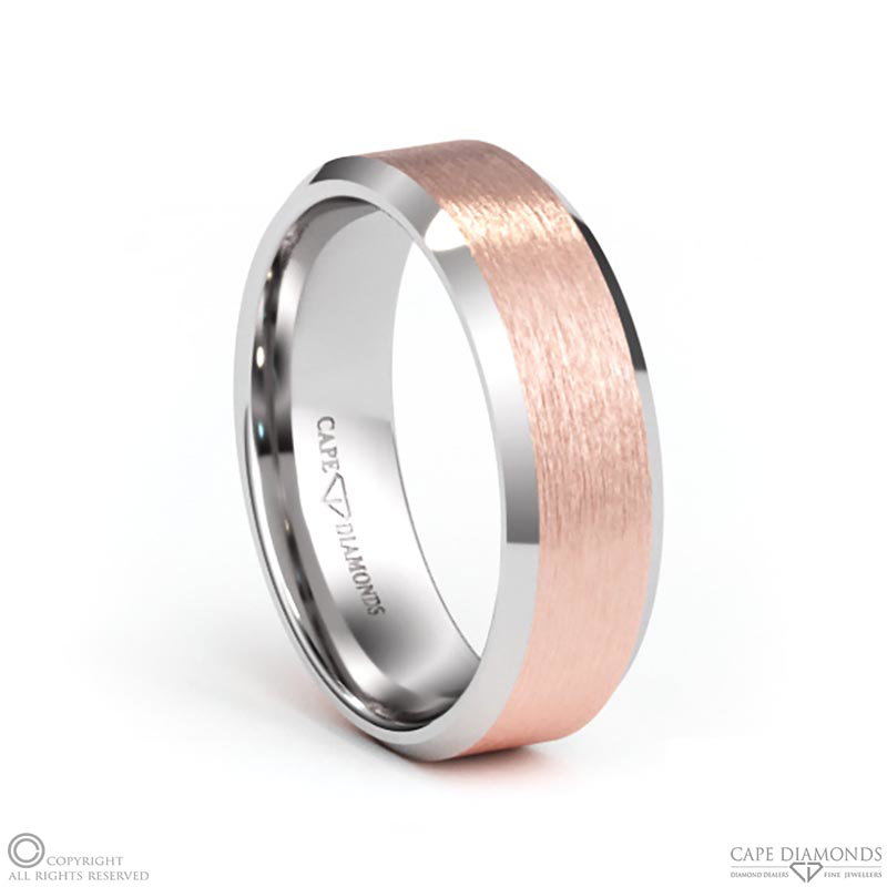 White Gold 2-Tone Brushed Rose Gold And Polished White Gold Beveled Men’s Wedding Rings